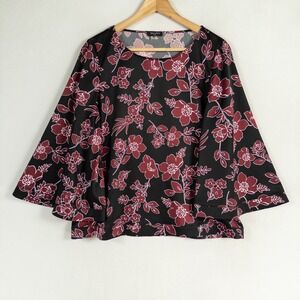 TAHARI ASL Top Blouse Womens Sz Small Black Red Floral Satin Flare Sleeve Dressy